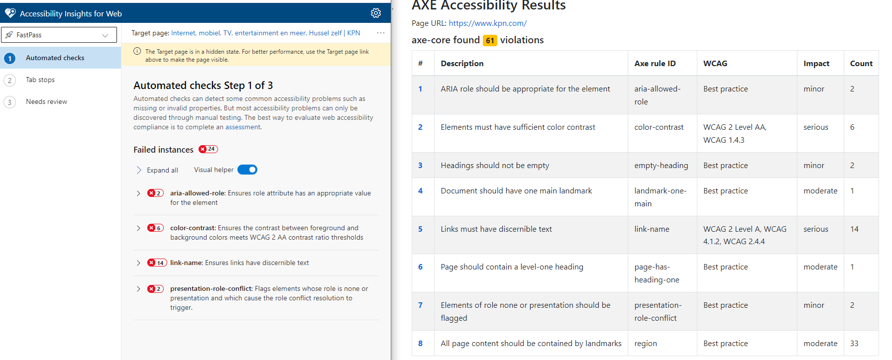 Resultaten van Accessibility Scan van Microsoft en resultaten Axe scan